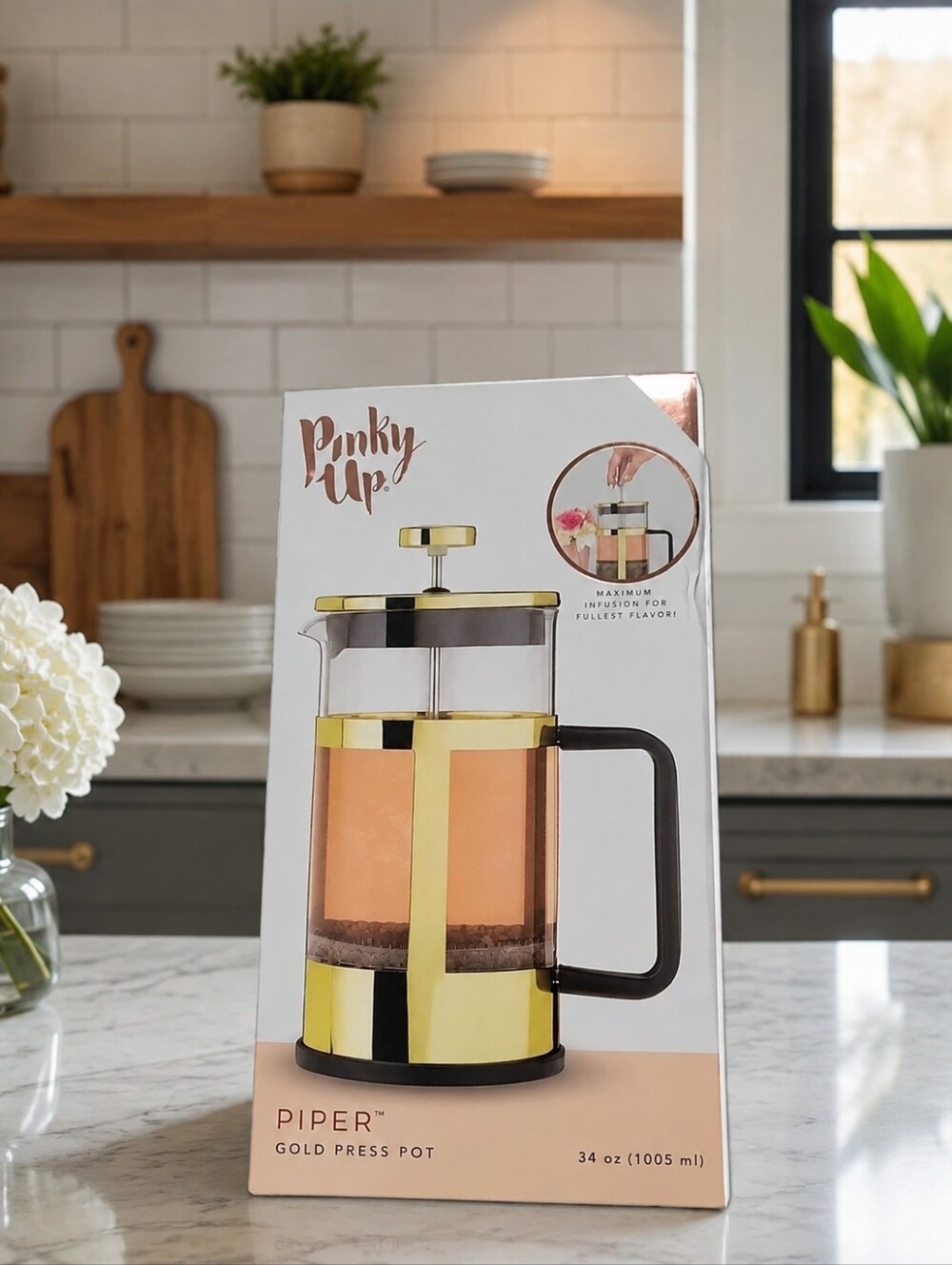 Pinky Up Piper Stainless Steel French Press Coffee Tea Maker Borosilicate Glass